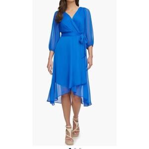 DKNY Balloon Sleeve Faux Wrap Maxi Dress Size 8 Cobalt Blue Belted Sheer Sleeve